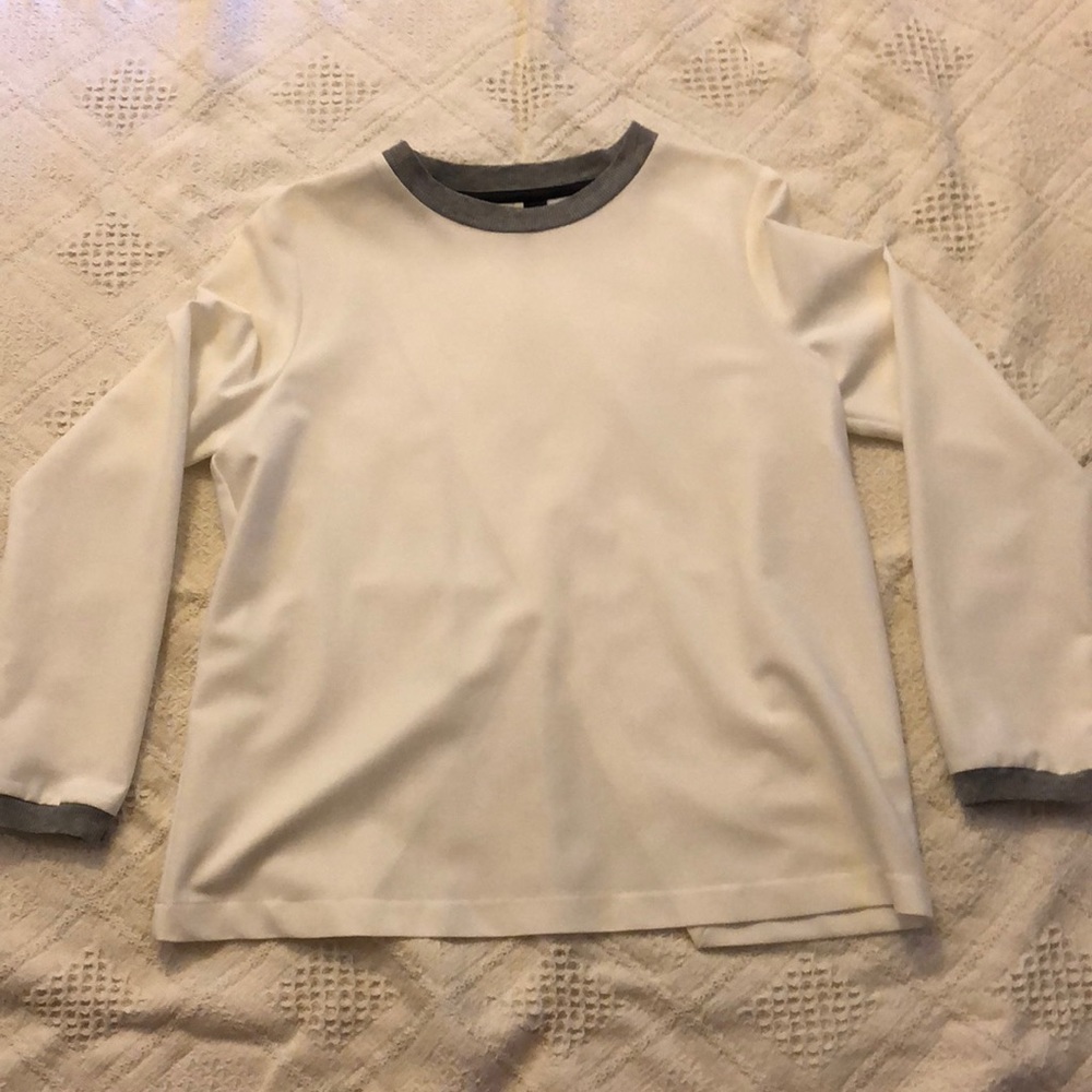 White long sleeve blouse, size 8, grey piping.